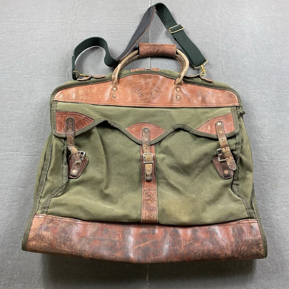 Vintage Orvis Battenkill Garment Bag Beautiful Aged Leather & Green Field Canvas